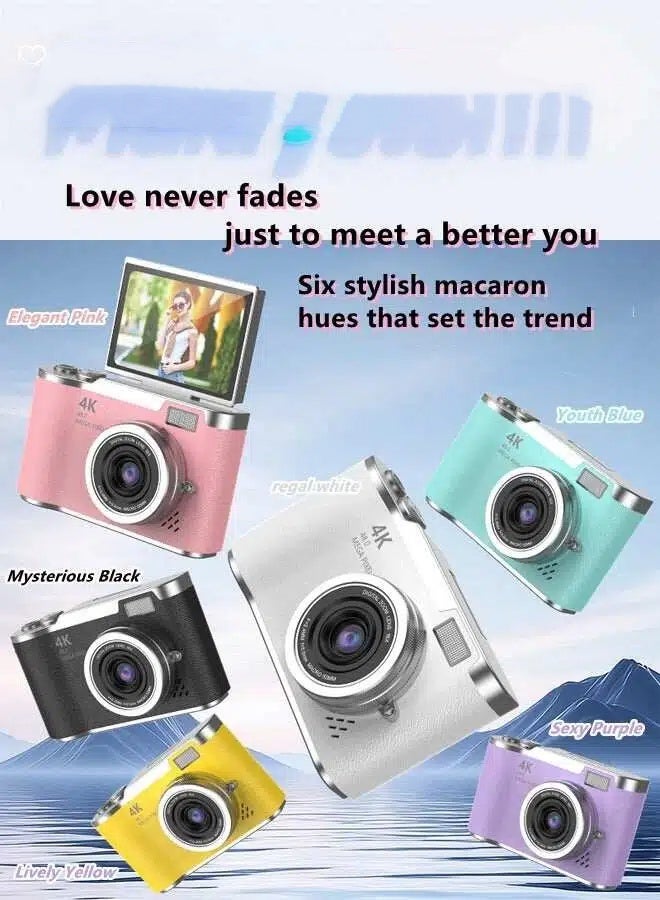 كاميرا رقمية محمولة بدقة 48 ميجابكسل مزودة بتقريب رقمي CCD بدقة 4K، وكاميرا سيلفي بشاشة قابلة للطي 180 درجة، مع بطاقة ذاكرة SD سعة 128 جيجابايت. - Image 2